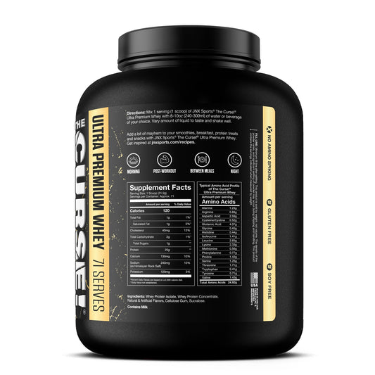 Closeup of JNX SPORTS The Curse! whey isolate Vanilla Bean powder