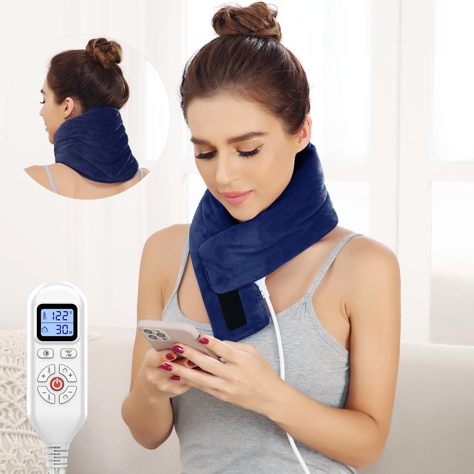 JOBYNA neck heating pad in navy crystal fabric for gentle daily comfort.