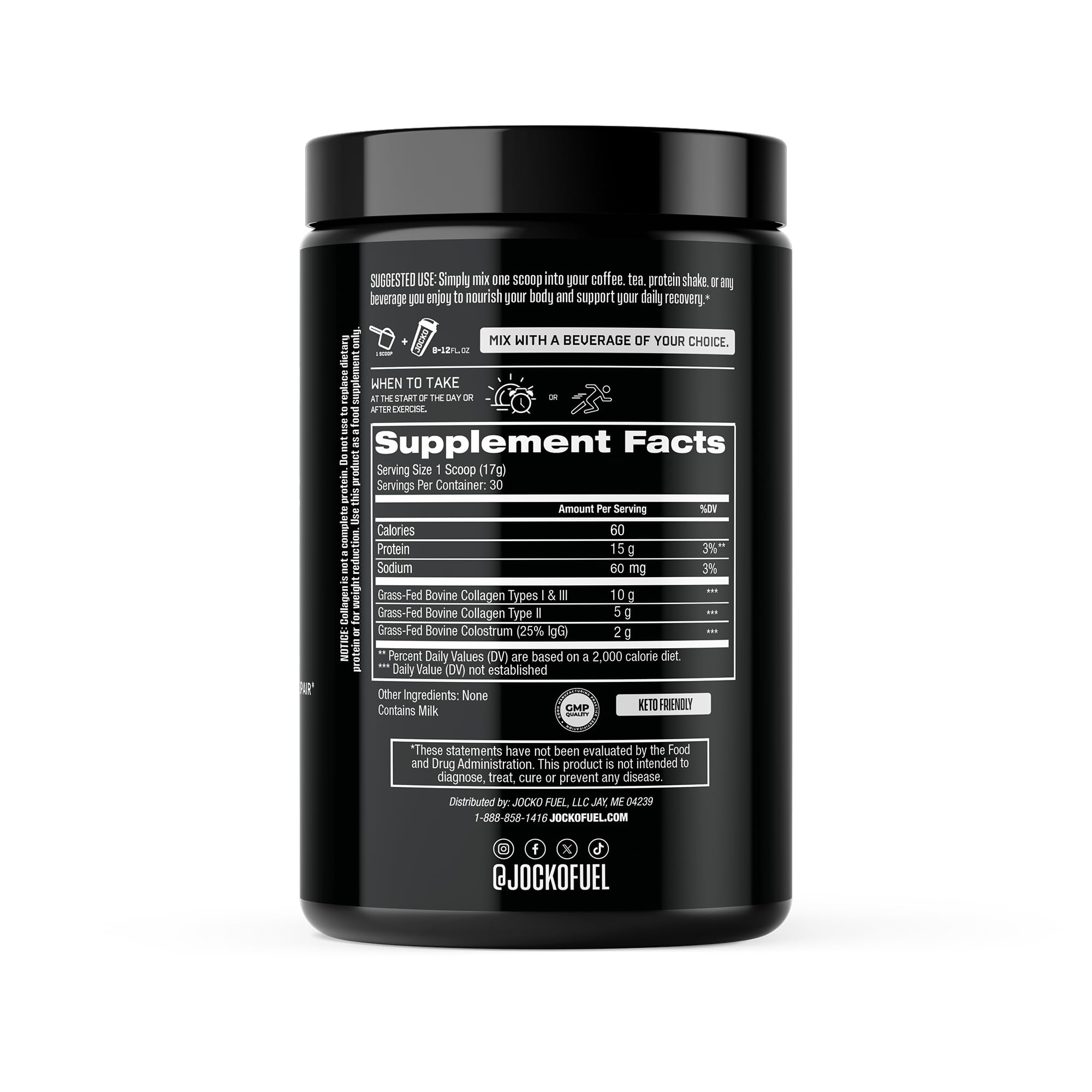Jocko Fuel colostrum powder tub highlighting immune support potential