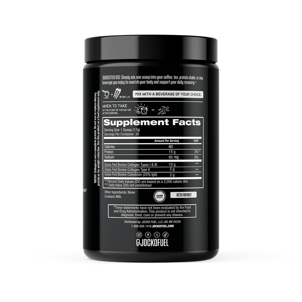 Jocko Fuel colostrum powder tub highlighting immune support potential