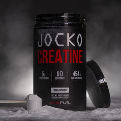 Jocko Fuel Creatine Monohydrate powder packaging close-up shows quality label.