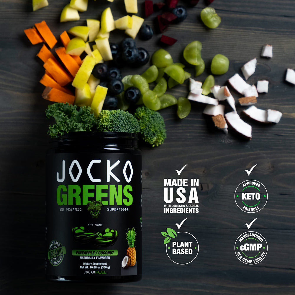 Jocko Fuel Daily Greens bottle close-up highlights quality ingredients.