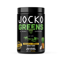 Jocko Fuel Daily Greens powder tub shows the organic greens blend for daily wellness.