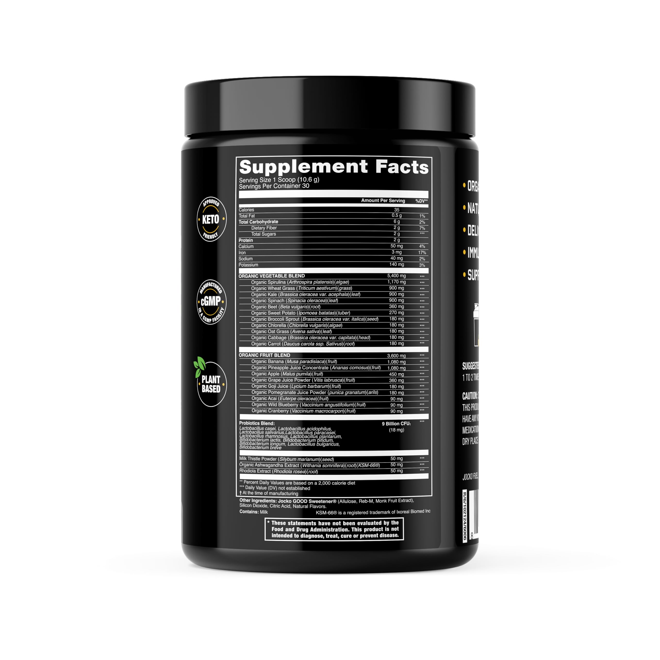Jocko Fuel Daily Greens scoop in water demonstrates easy mixing.