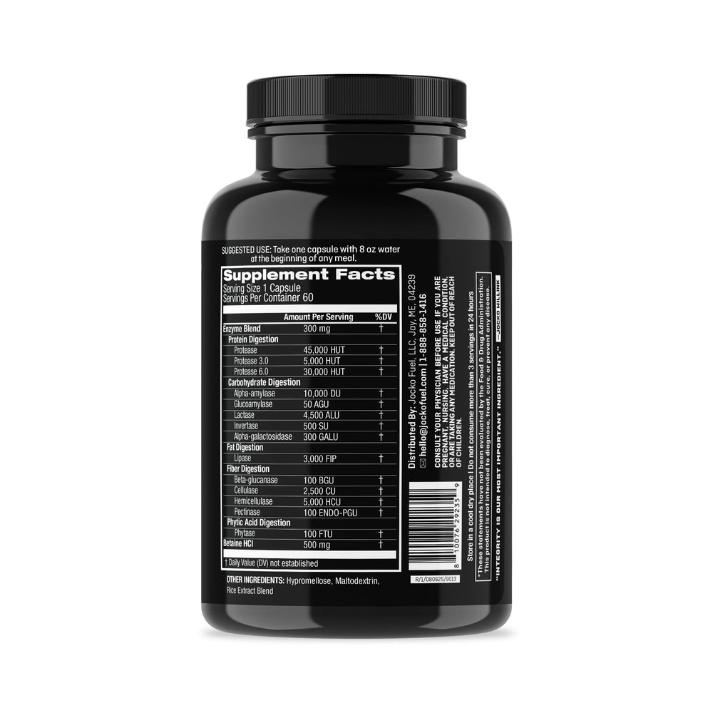 Jocko Fuel Digestive Enzymes capsules closeup highlighting proteases and Betaine HCl for digestion.