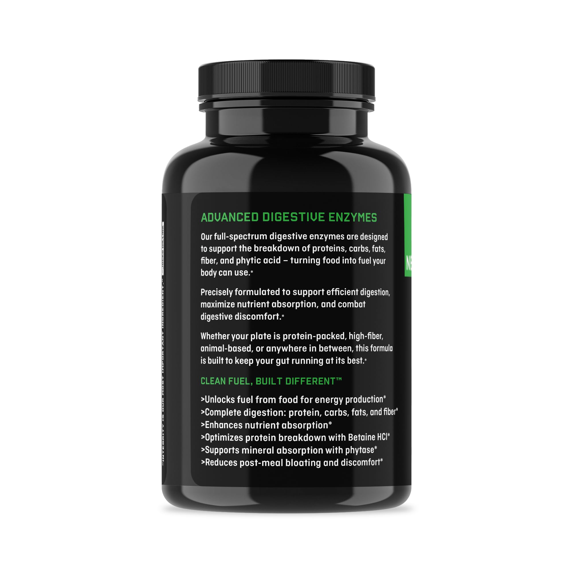 Jocko Fuel Digestive Enzymes label closeup emphasizing dairy, fiber, and plant-digesting enzymes.
