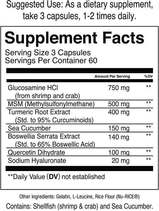 Jocko Fuel glucosamine MSM ingredients label highlighting joint health support.