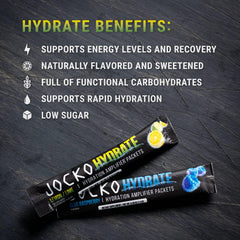 Jocko Fuel Hydrate bottle showing vitamins C, B6, B12 for energy support.