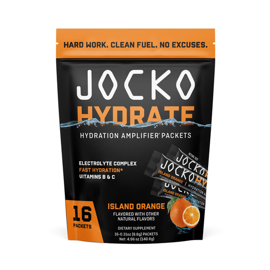 Jocko Fuel Hydrate Island Orange packet ready for quick hydration during workouts