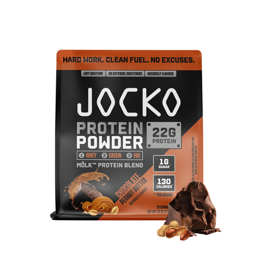 Jocko Fuel Mölk whey powder tub in Chocolate Peanut Butter flavor for post-workout shakes