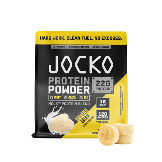 Jocko Fuel Mölk banana cream bottle shows balanced protein blend for post workout