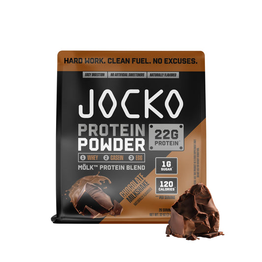 Jocko Fuel Mölk bottle pour showing time-release protein for all-day recovery.