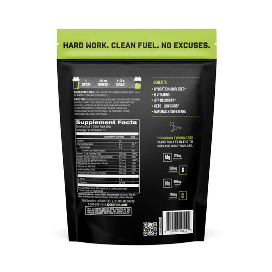 Jocko Fuel Low Sugar Lemon Lime packaging close-up highlighting electrolytes and vitamins.