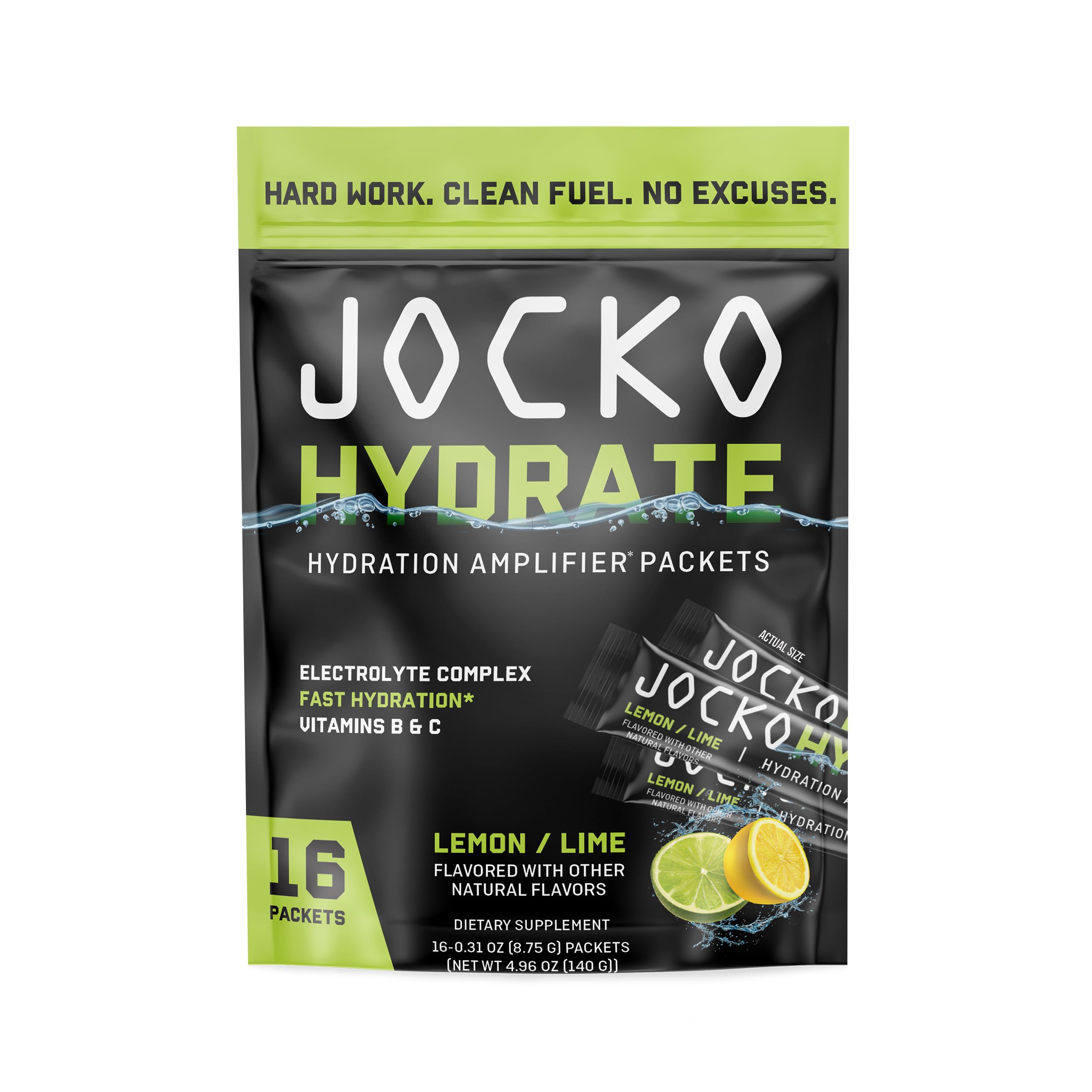 Jocko Fuel Low Sugar Lemon Lime packet dissolving in water for quick hydration.