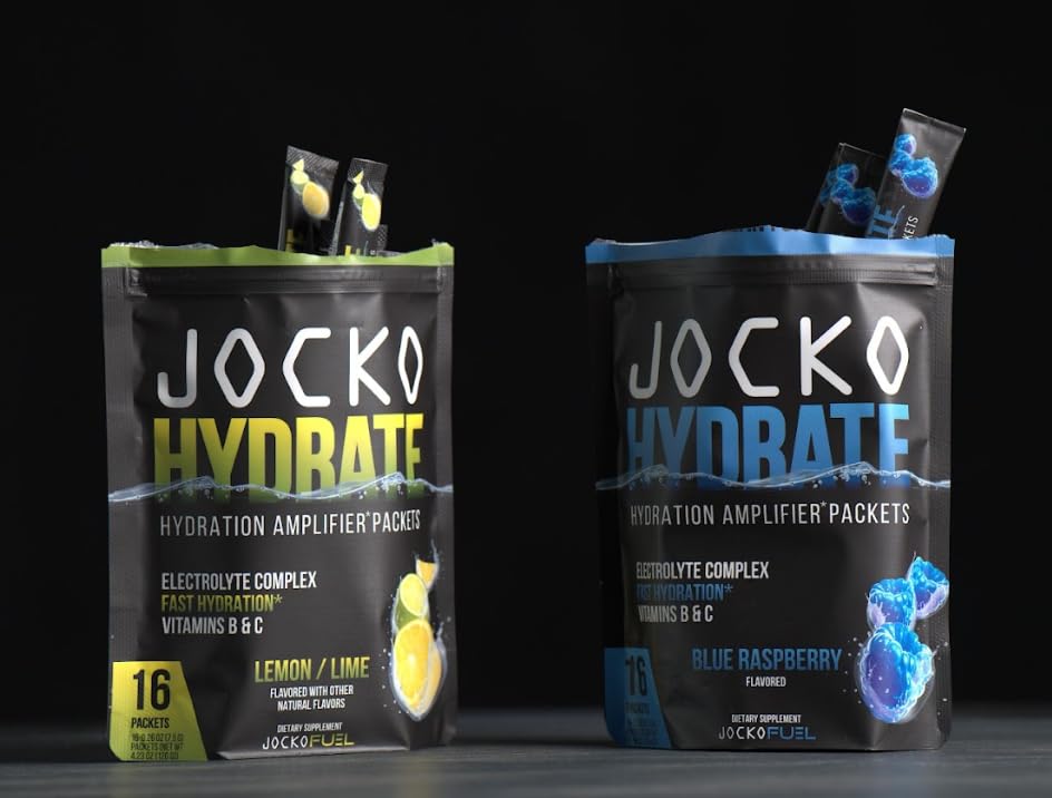 Sachet next to water bottle emphasizes low sugar, natural flavor.