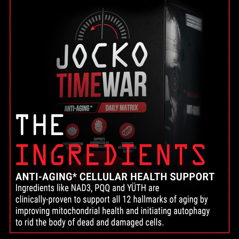 Jocko Fuel TIME WAR label close-up highlighting NAD3 and PQQ