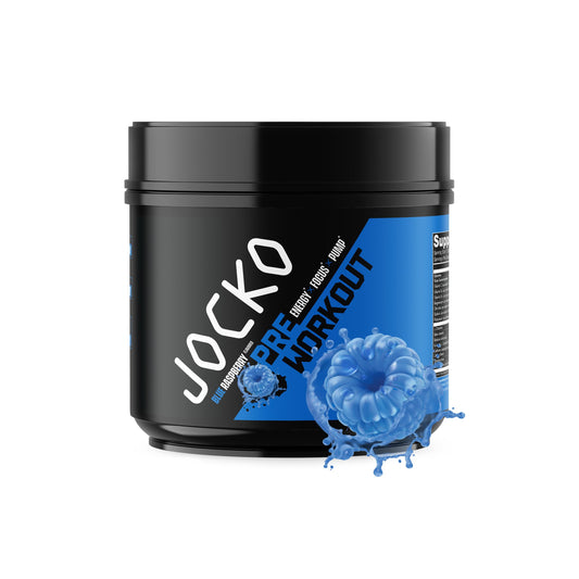 Jocko Fuel Ultimate Pre Workout powder tub in blue raspberry enhances pump and focus.