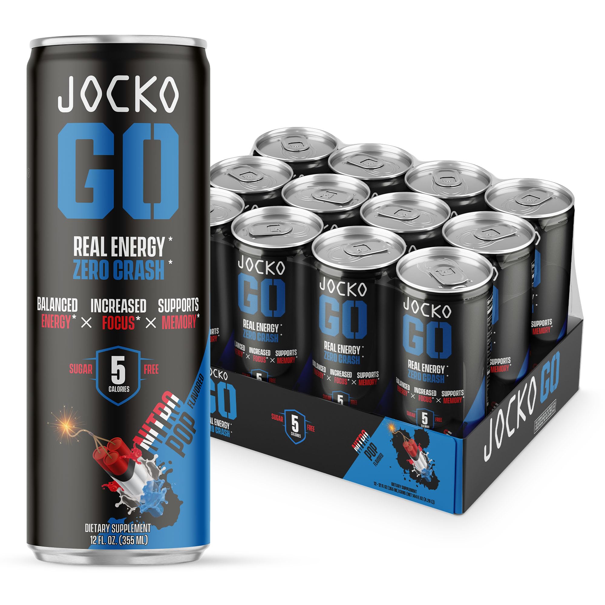 Jocko GO Nitro Pop can closeup showing zero sugar energy for focus.
