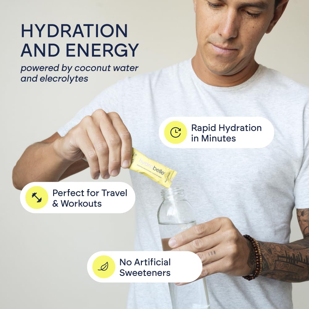 JoinBelle HydroBelle lemon-lime powder dissolving in water for refreshing hydration.