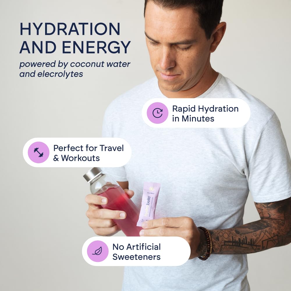 HydroBelle powder packet dissolving in water for clean hydration.