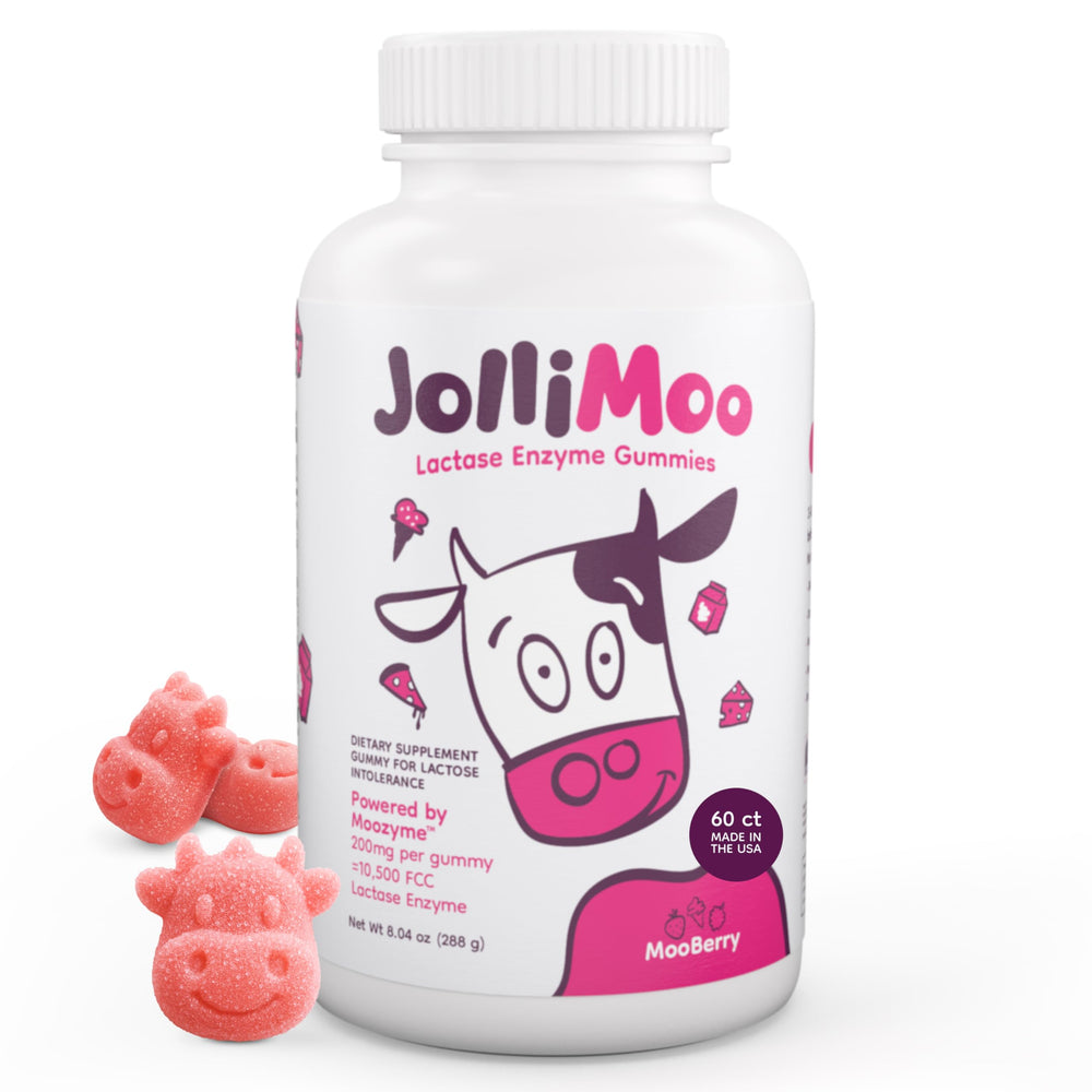 JolliMoo Lactase Gummies bottle for convenient dairy digestion on the go.