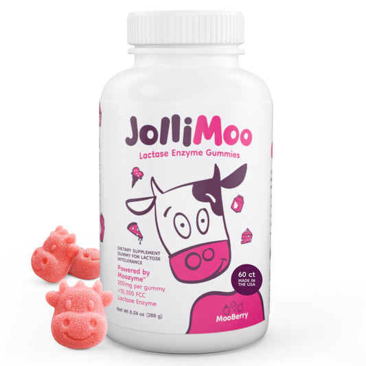 JolliMoo Lactase Gummies bottle for convenient dairy digestion on the go.