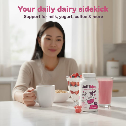JolliMoo Moozyme label closeup highlights 9000+ FCC lactase enzyme.