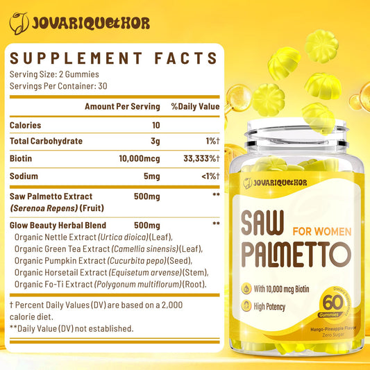 Jovariquethor Biotin 10000mcg gummies support healthy hair, skin, and nails.