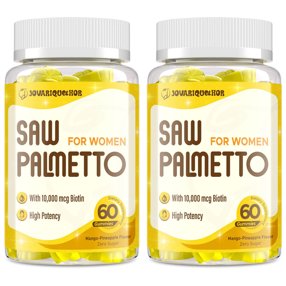 Jovariquethor Saw Palmetto for Women bottle highlights 500mg potency for daily hair wellness.