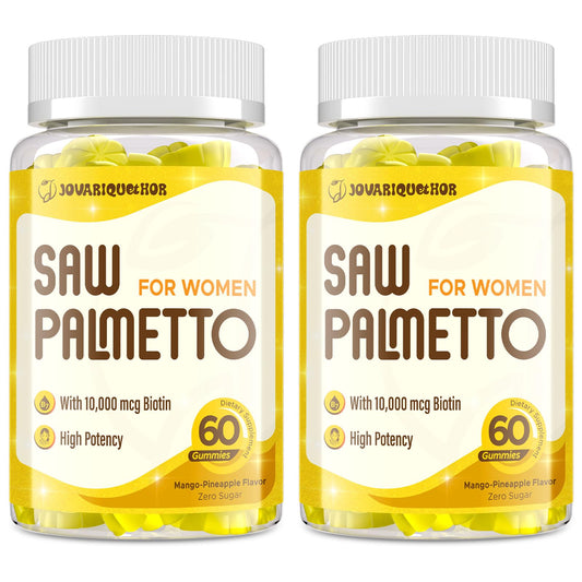 Jovariquethor Saw Palmetto for Women bottle highlights 500mg potency for daily hair wellness.