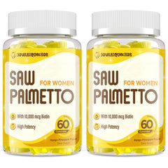 Jovariquethor Saw Palmetto for Women bottle highlights 500mg potency for daily hair wellness.