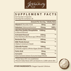 Jovianoy Zeolite Detox capsules close-up reveals ultra-fine 1-2 µm particles.