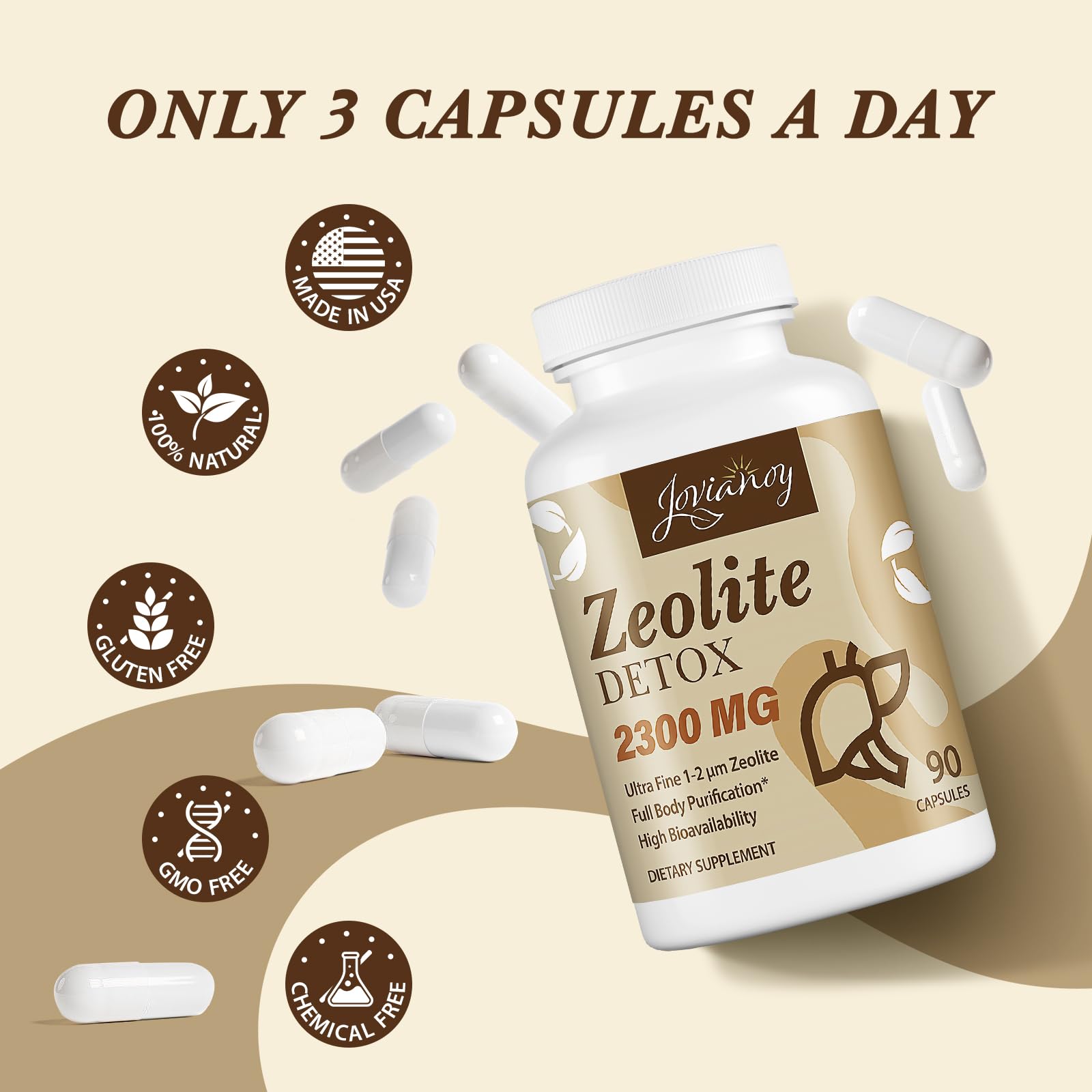 Jovianoy Zeolite Detox label highlights selenium and vitamin C enrichment.
