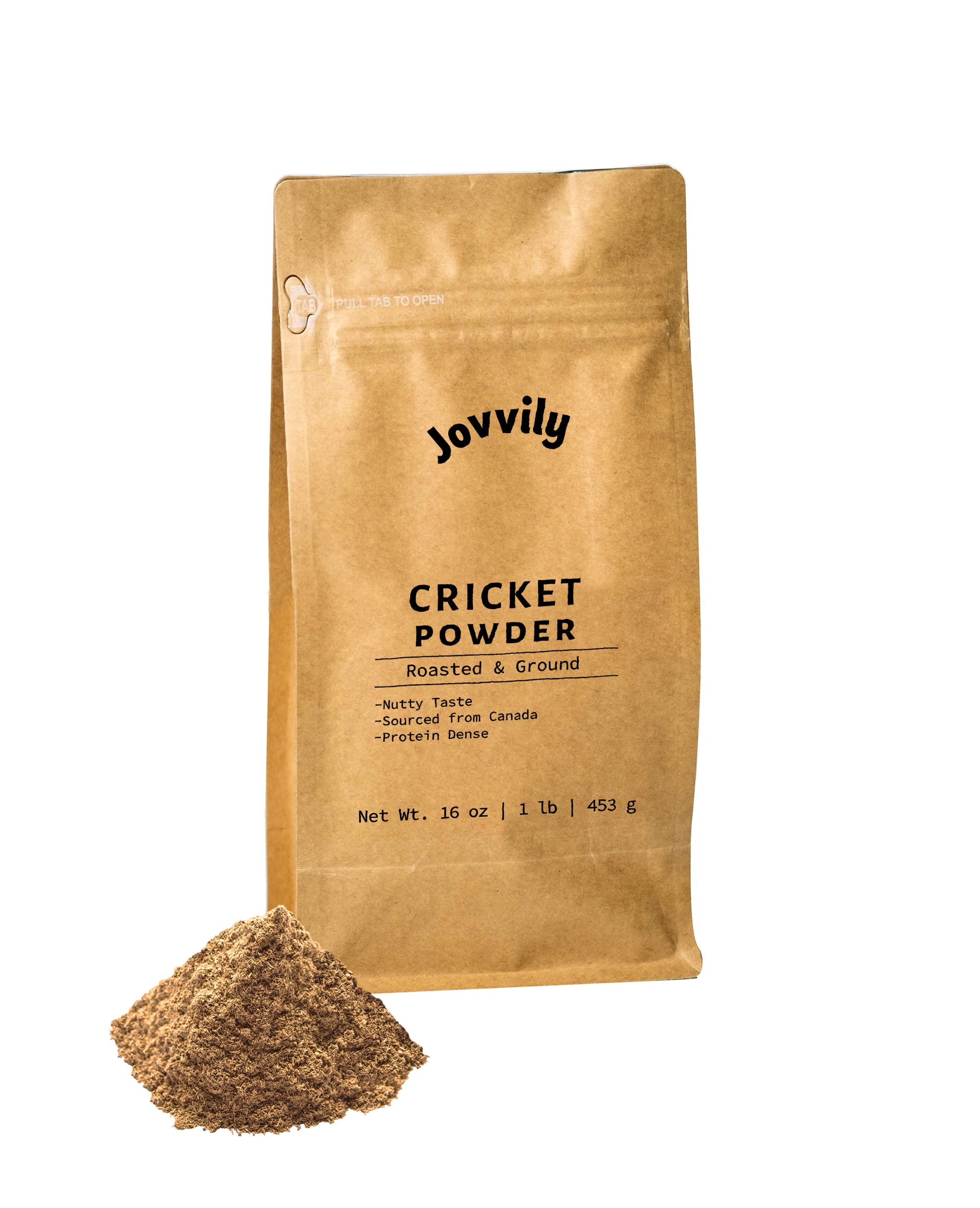 Jovvily cricket protein powder bag with resealable closure for fresh, convenient use in smoothies.