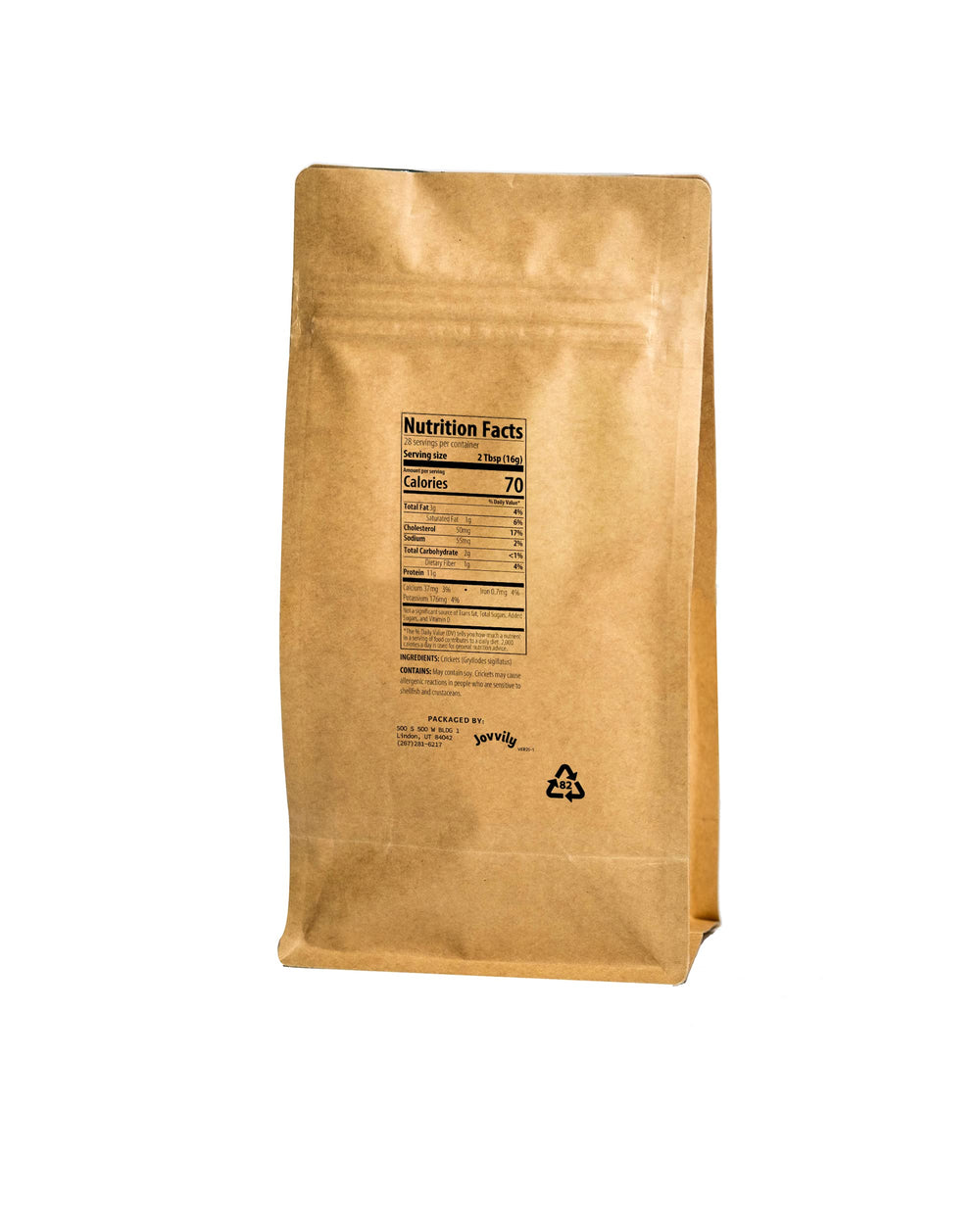 Jovvily cricket protein powder ingredient label shows single-ingredient purity for clean cooking.
