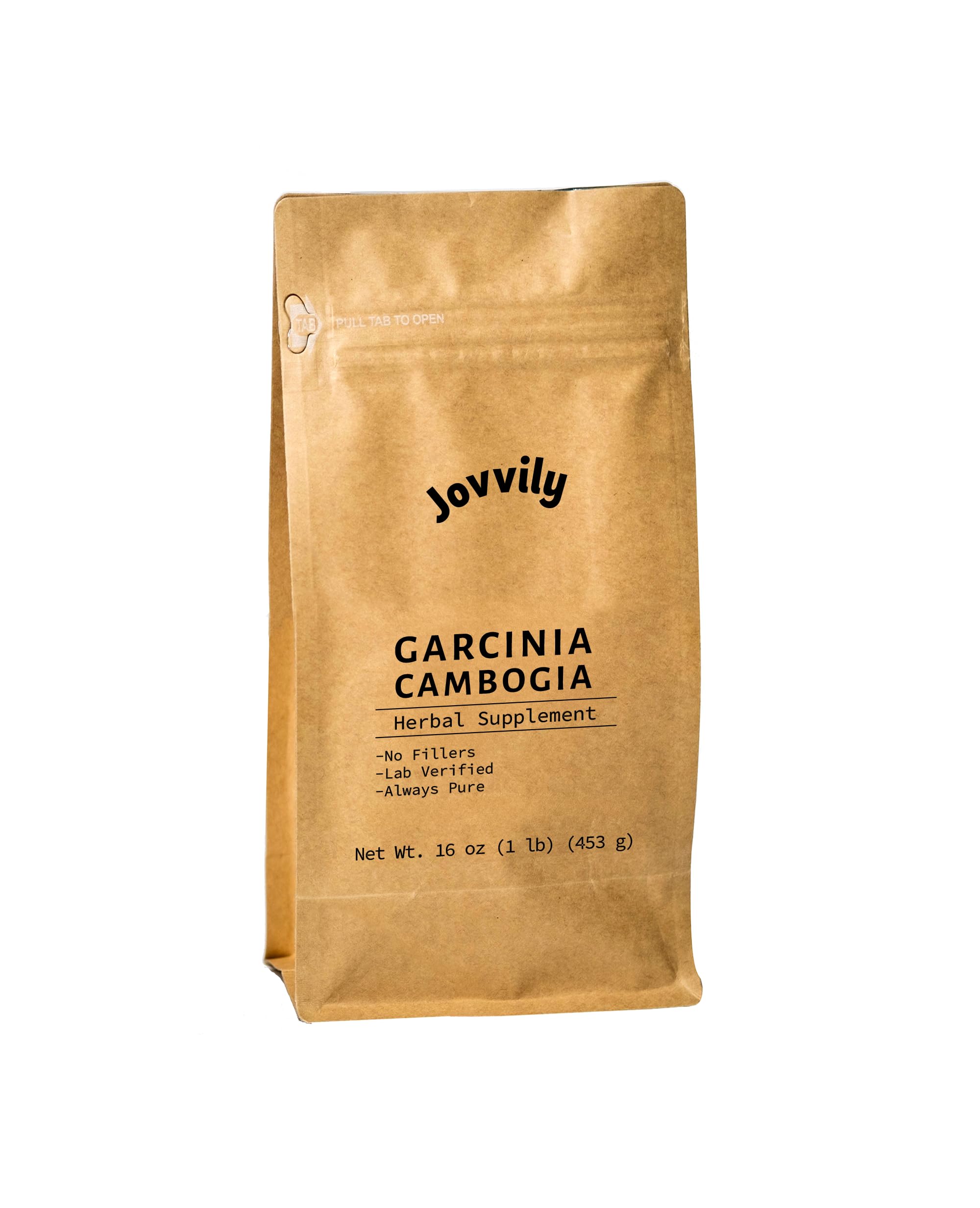 Jovvily Garcinia Cambogia powder bag with resealable seal for freshness.