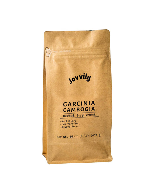 Jovvily Garcinia Cambogia powder bag with resealable seal for freshness.