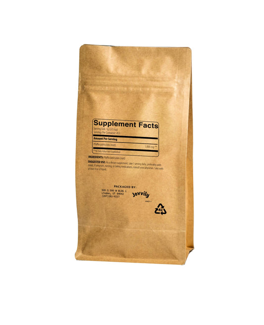 Jovvily Suma Root powder-dispense closeup showing simple, additive-free herbal powder