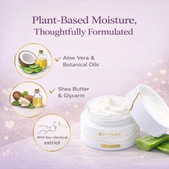 JOVYNEX Estriol cream dryness relief close-up on delicate vulvar area.