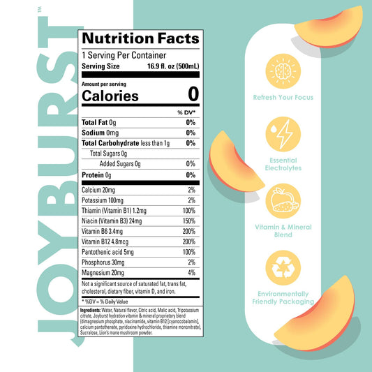 JOYBURST Sugar Free Electrolyte Water Peach close-up highlighting Lion's Mane and vitamins