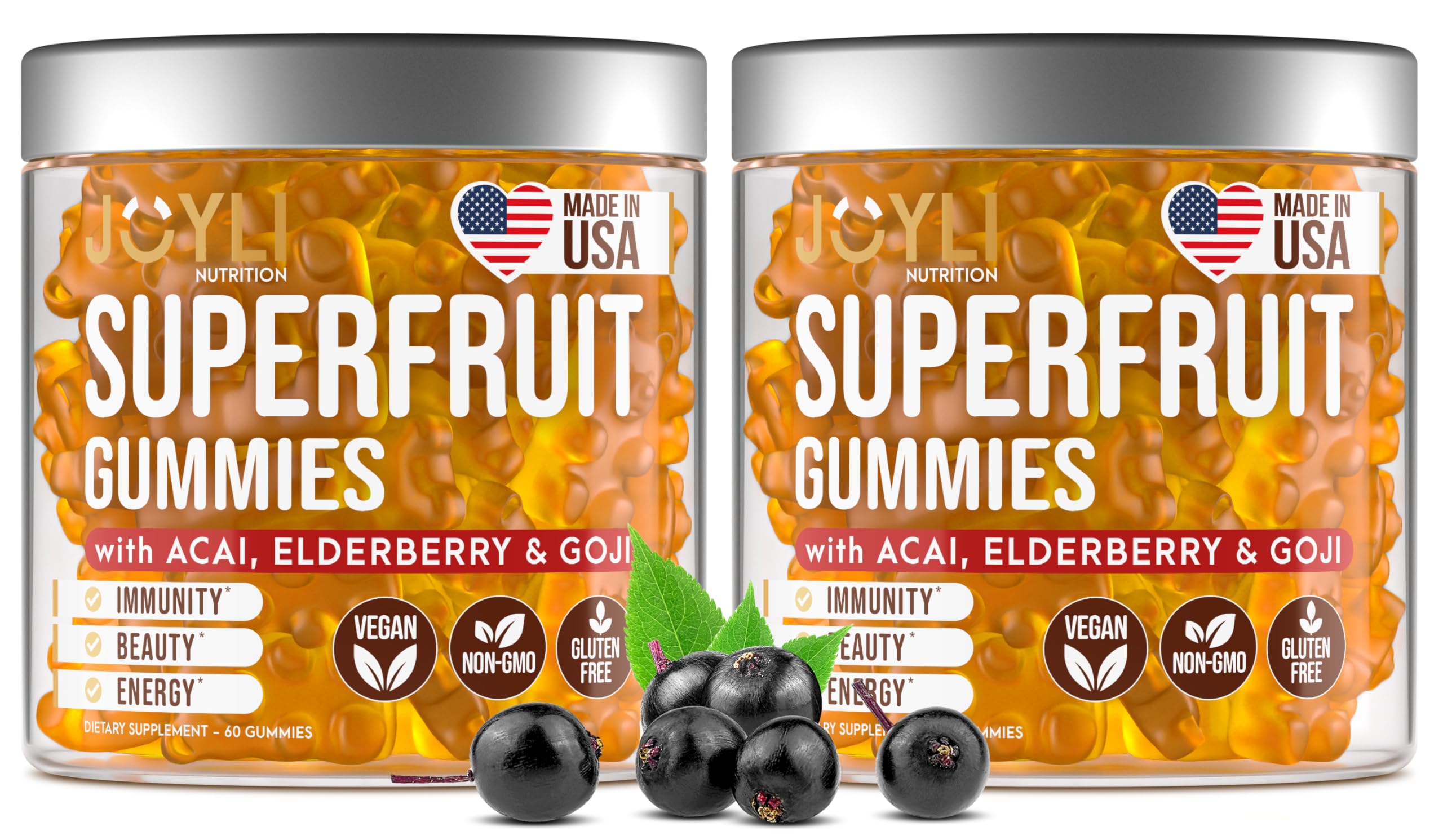 Joyli Nutrition 2 Pack bottle front shows colorful gummies for daily wellness.