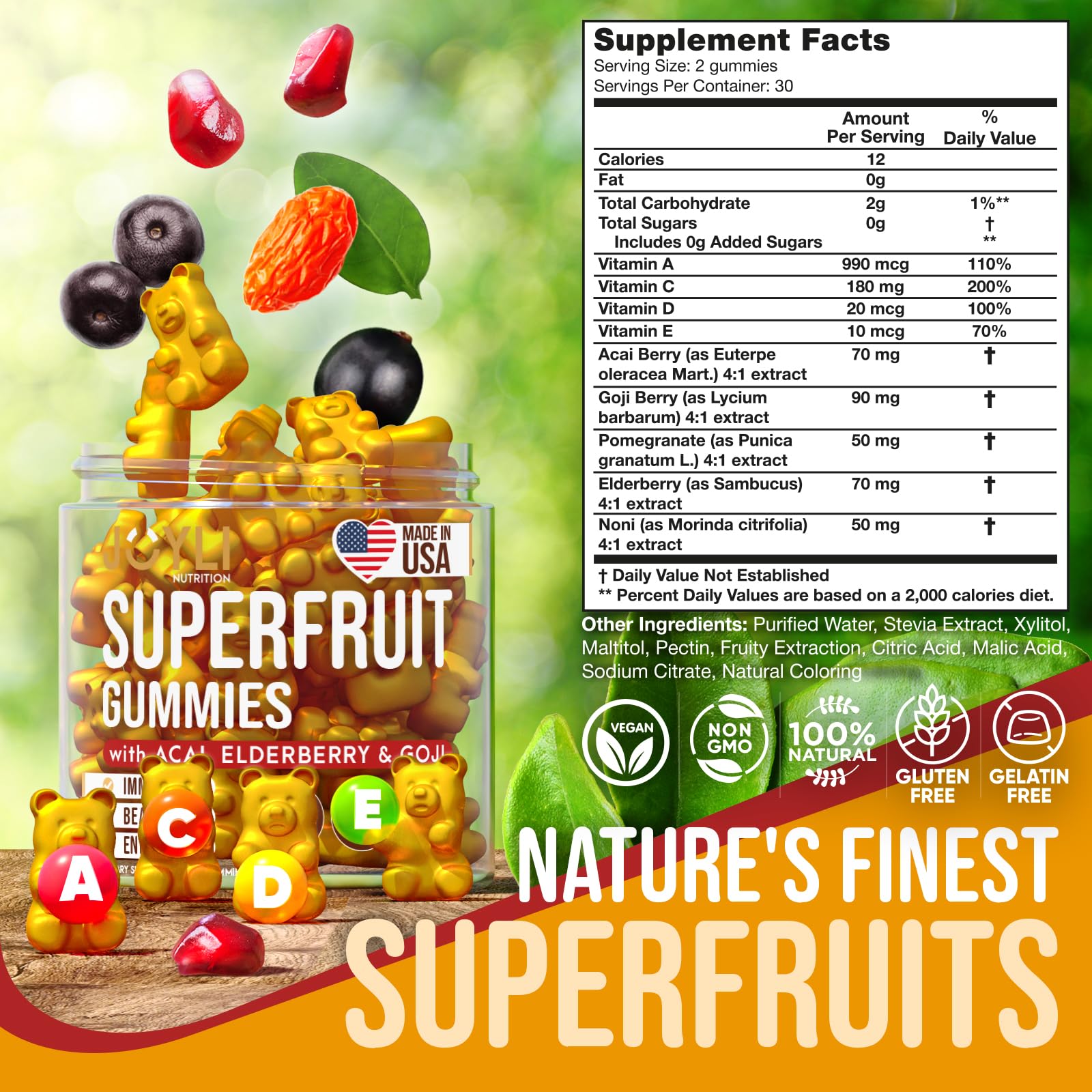 Joyli Nutrition gummies closeup captures vibrant fruit flavors.
