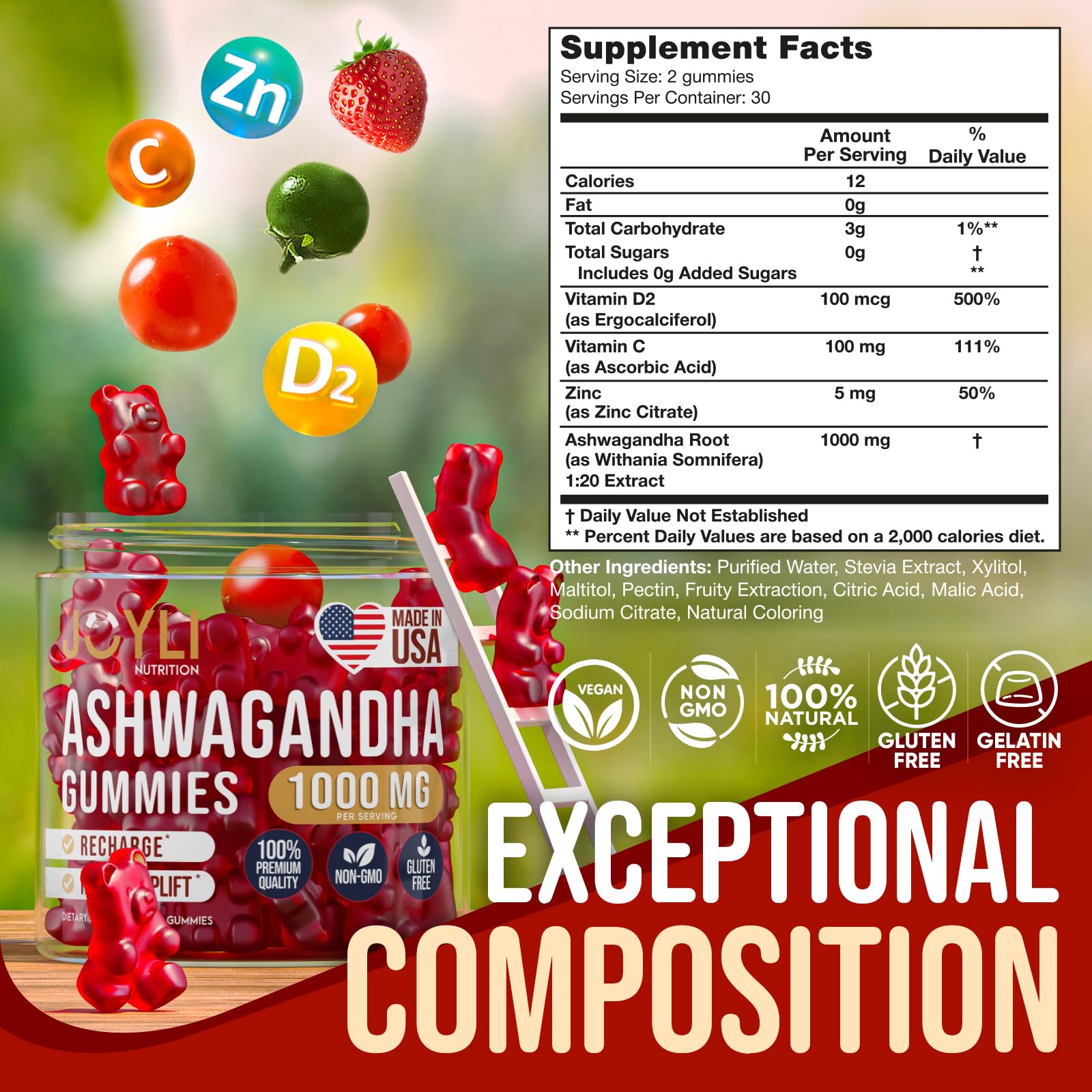 JOYLI Nutrition Ashwagandha Gummies ingredients label emphasizes pure extract and added Vitamin C and Zinc
