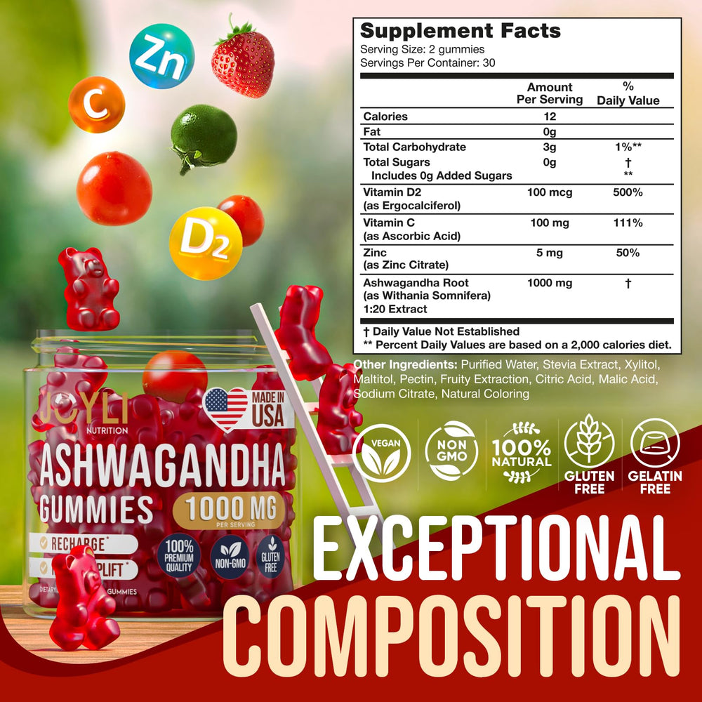 JOYLI Nutrition Ashwagandha Gummies ingredients label emphasizes pure extract and added Vitamin C and Zinc