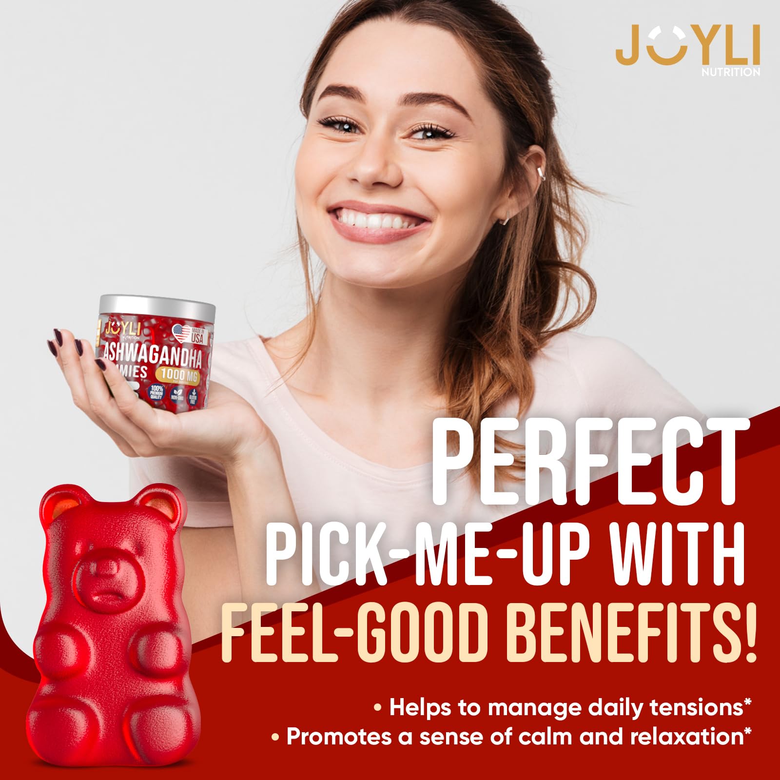 JOYLI Nutrition Ashwagandha Gummies texture close-up suggests chewable satisfaction and gentle sweetness