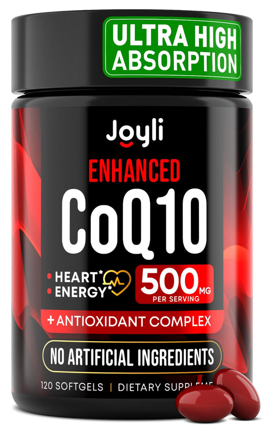 JOYLI Nutrition CoQ10 500mg bottle supporting heart vitality and daily energy.