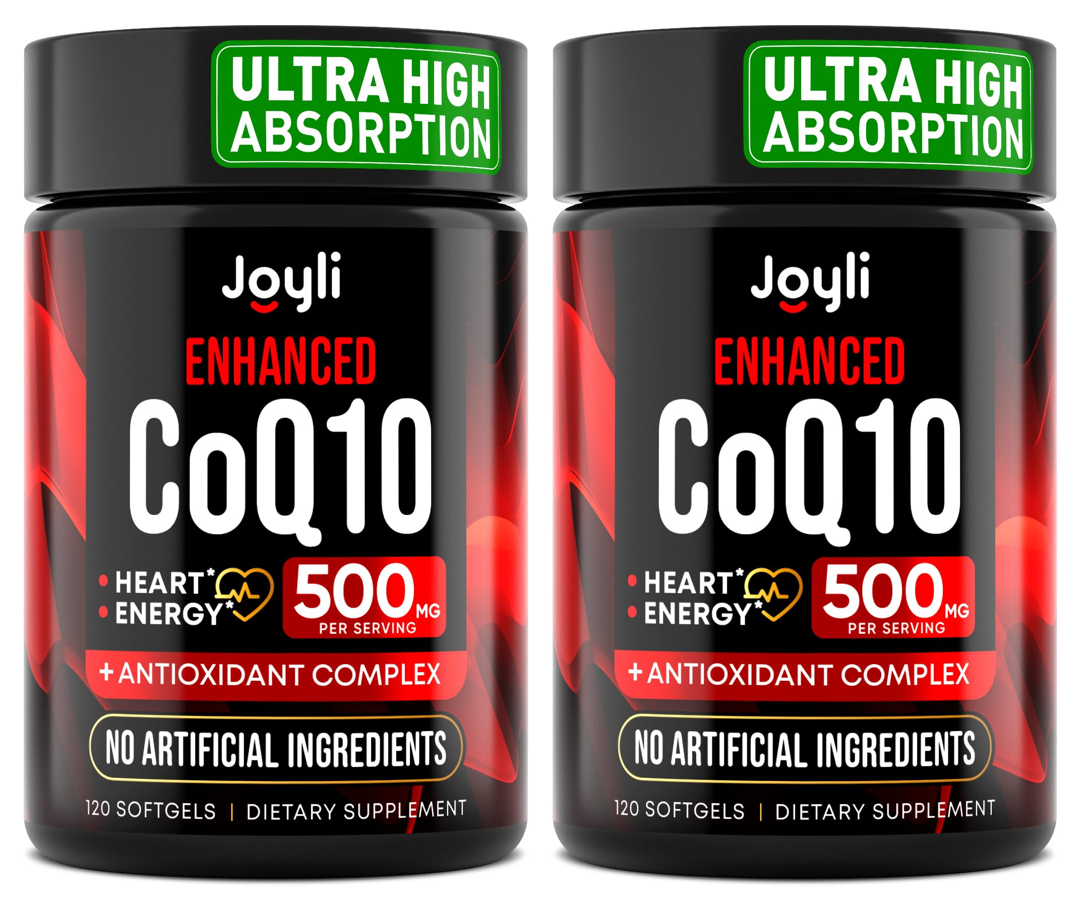 JOYLI Nutrition CoQ10 500mg softgels in a bottle support daily energy and vitality