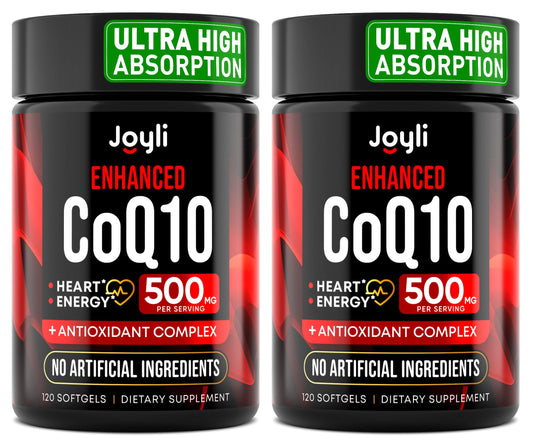 JOYLI Nutrition CoQ10 500mg softgels in a bottle support daily energy and vitality