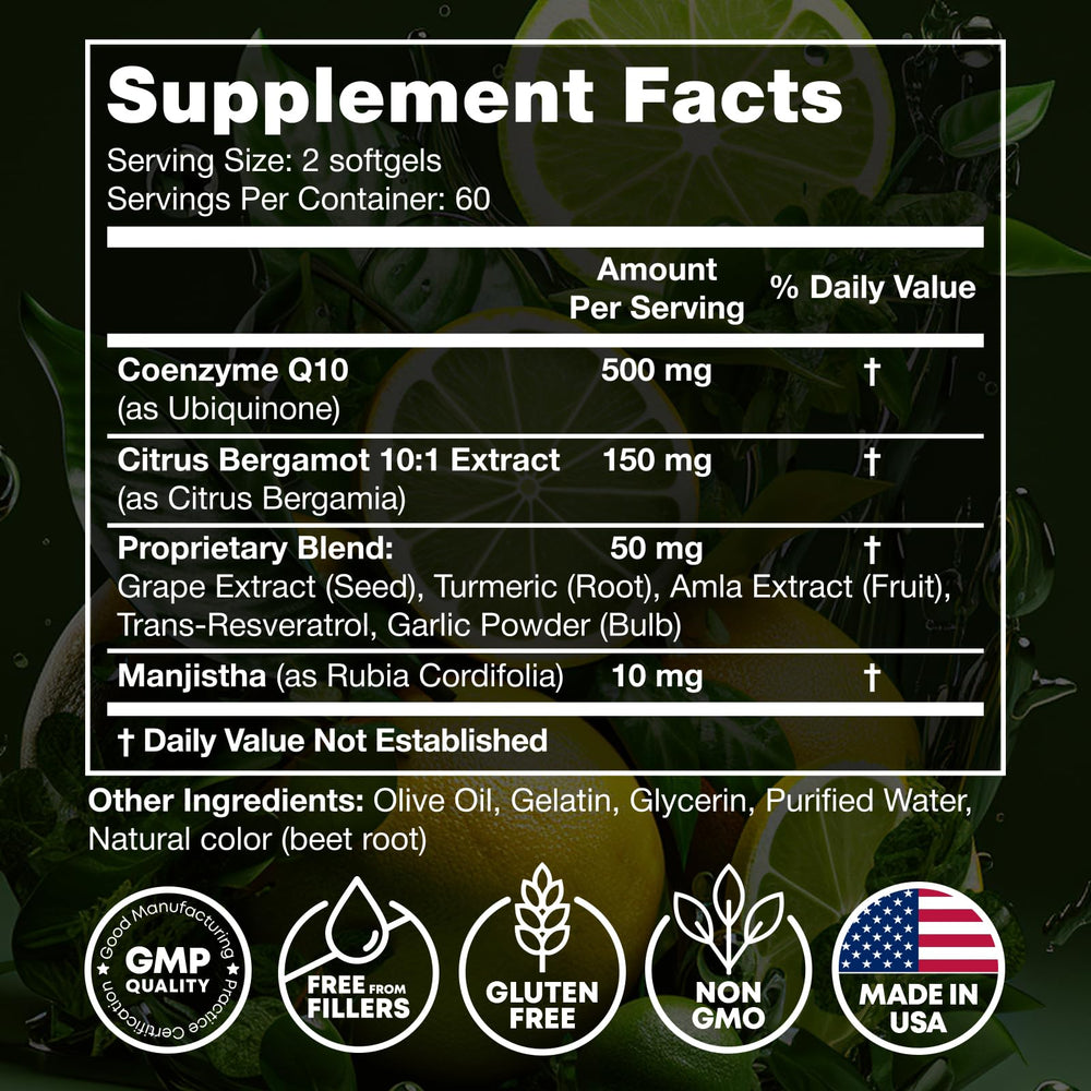 Close-up of JOYLI Nutrition CoQ10 500mg softgels label highlighting purity