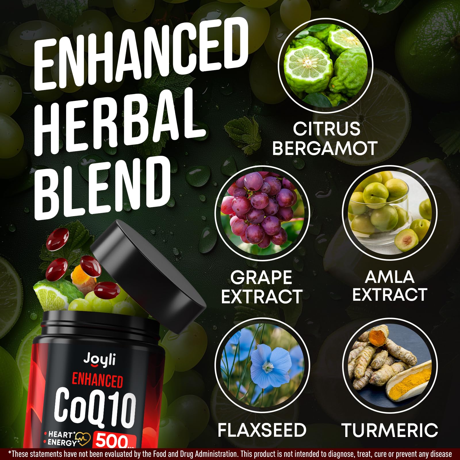 JOYLI CoQ10 packaging highlights gluten-free and GMO-free status.